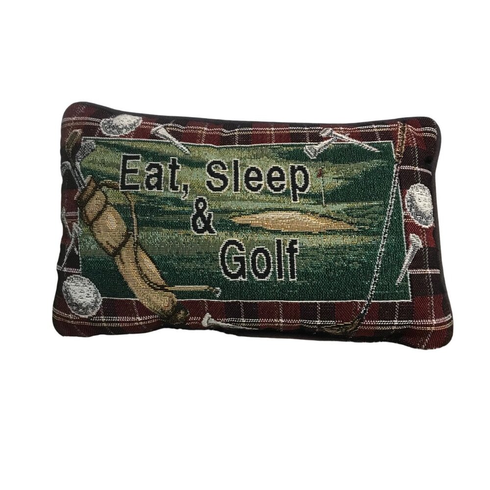 Eat Sleep & Golf Decorative Tapestry Throw Pillow Plaid 12"x7"